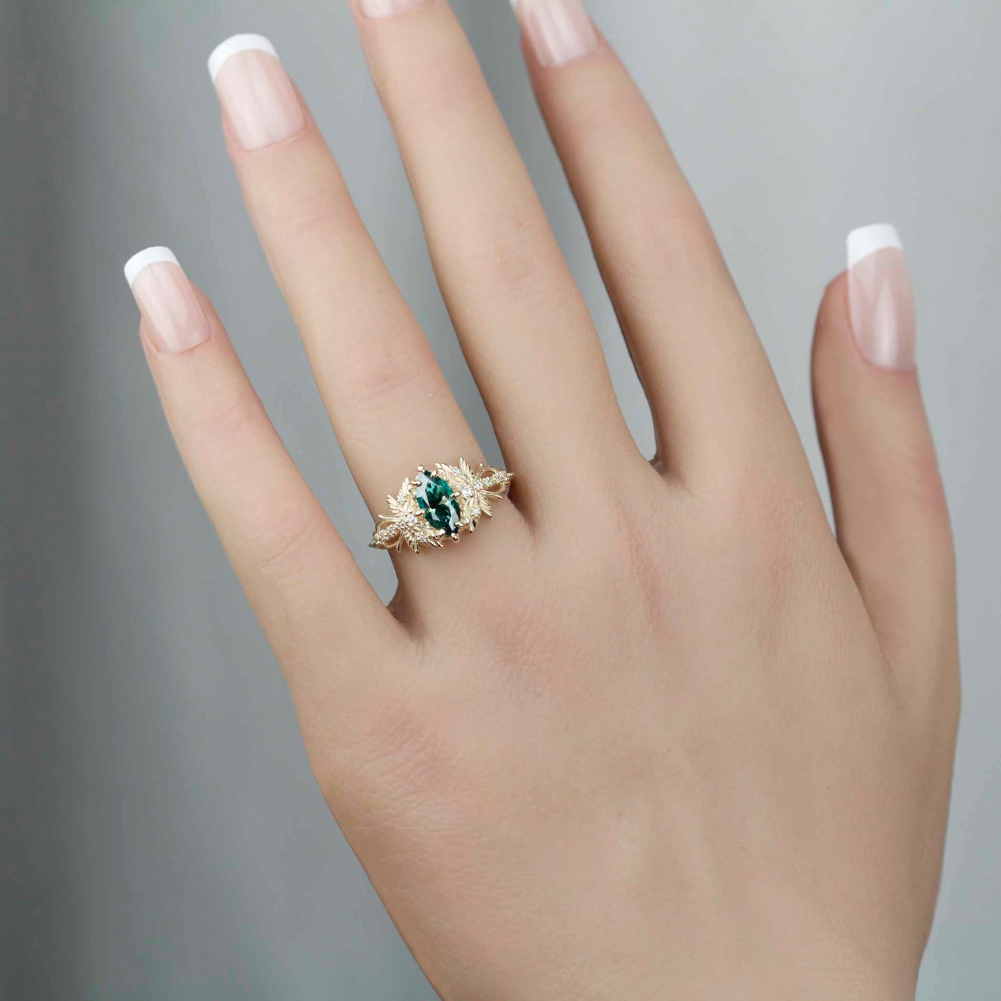 18k Gold Dragonfly Engagement Ring with 10x5mm Forest Green Moissanite and Natural Diamonds