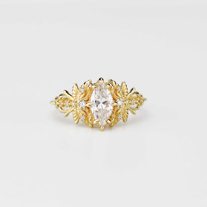 Dragonfly 18k Gold Engagement Ring, Certified 10x5mm Marquise Moissanit
