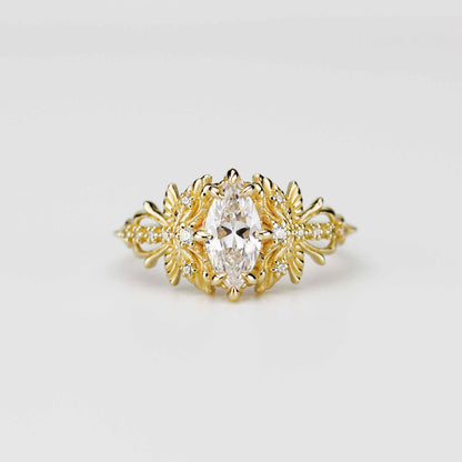 Dragonfly 18k Gold Engagement Ring, Certified 10x5mm Marquise Moissanit