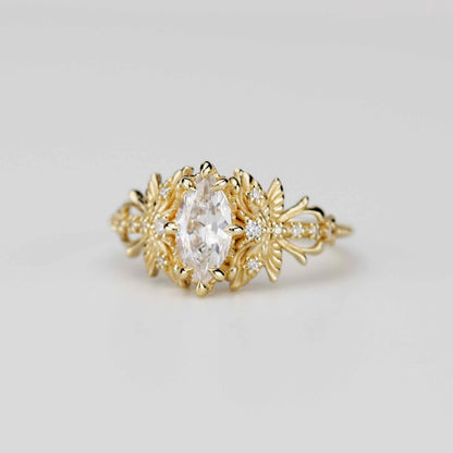 Dragonfly 18k Gold Engagement Ring, Certified 10x5mm Marquise Moissanit