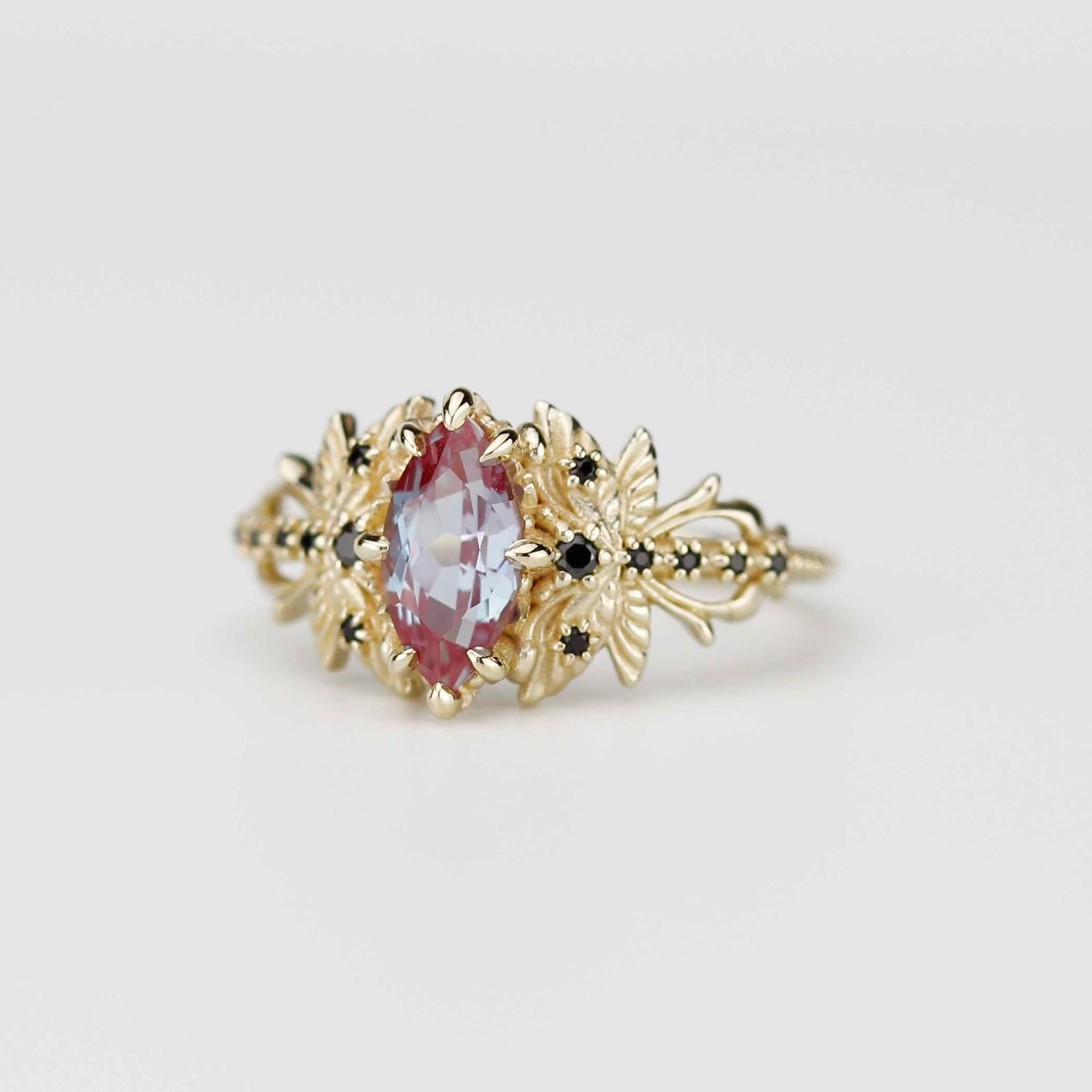 18k Gold Dragonfly Alexandrite & Black Diamond Ring – Nature Inspired