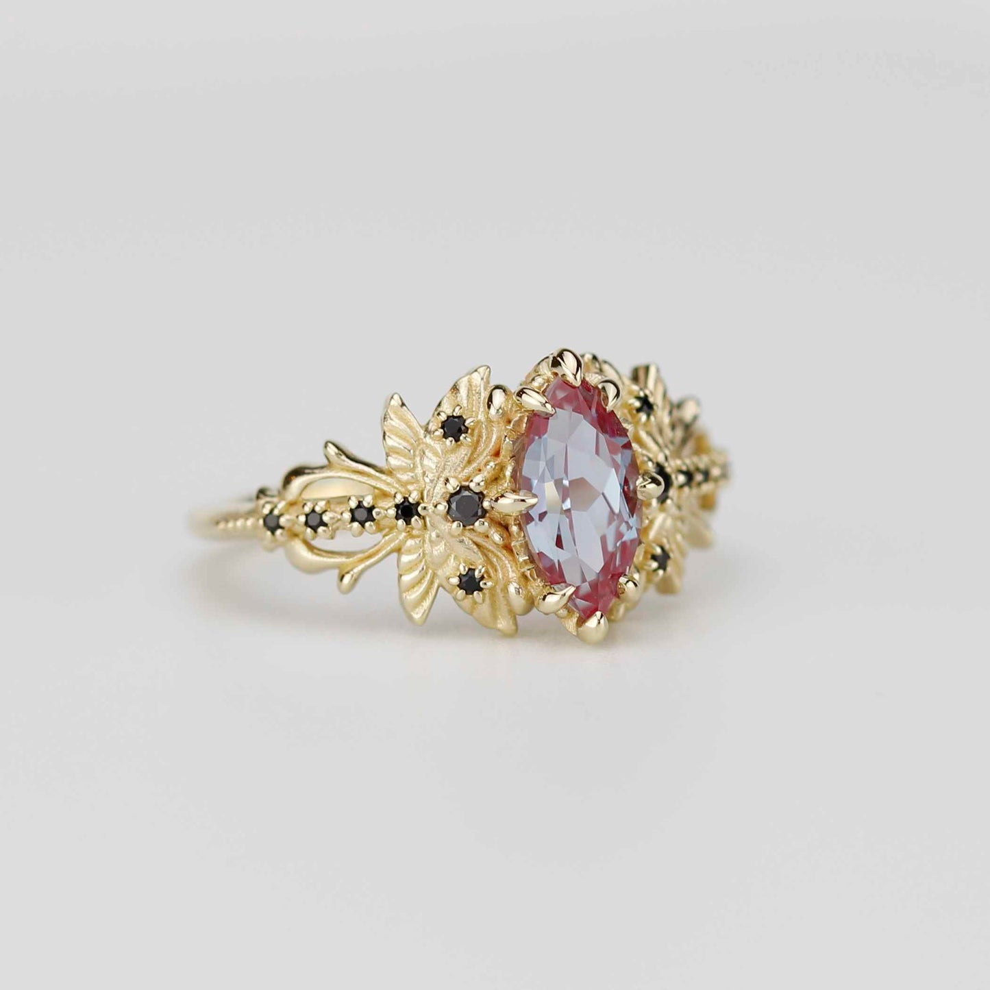 18k Gold Dragonfly Alexandrite & Black Diamond Ring – Nature Inspired