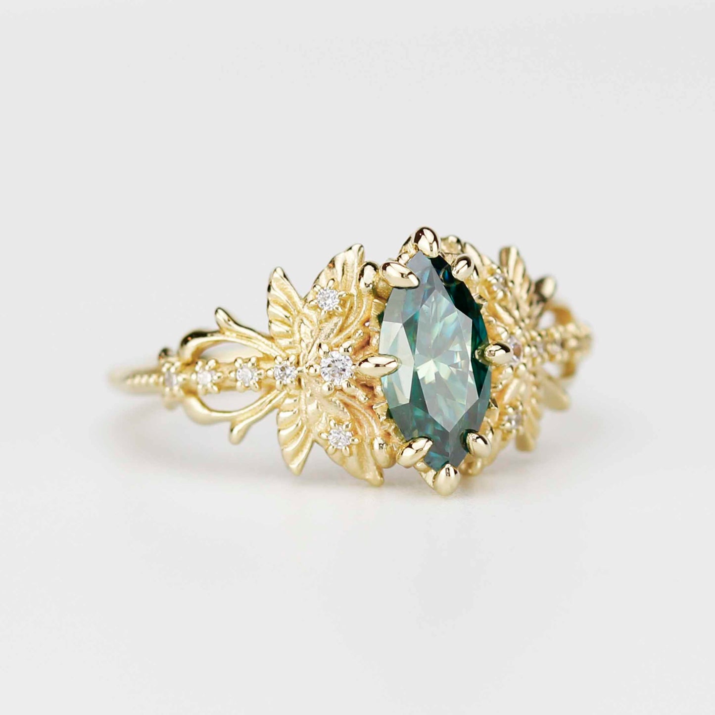 18k Gold Dragonfly Engagement Ring with 10x5mm Forest Green Moissanite and Natural Diamonds