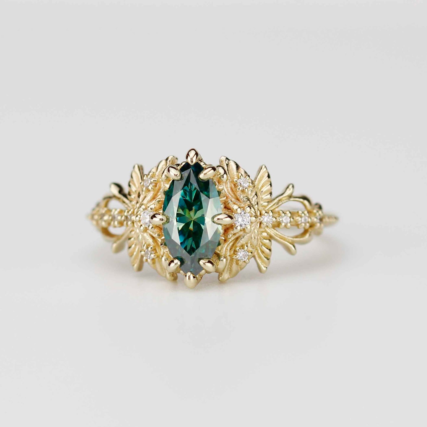 18k Gold Dragonfly Engagement Ring with 10x5mm Forest Green Moissanite and Natural Diamonds