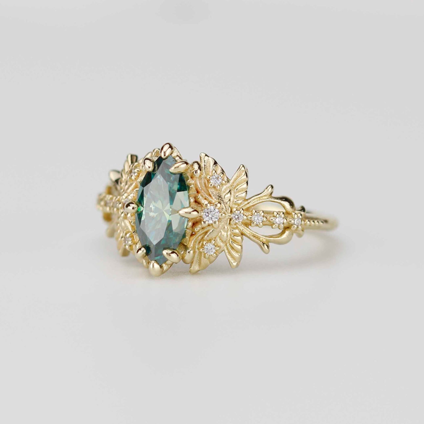 18k Gold Dragonfly Engagement Ring with 10x5mm Forest Green Moissanite and Natural Diamonds