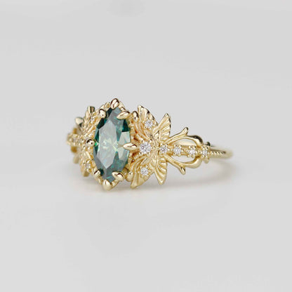 18k Gold Dragonfly Engagement Ring with 10x5mm Forest Green Moissanite and Natural Diamonds