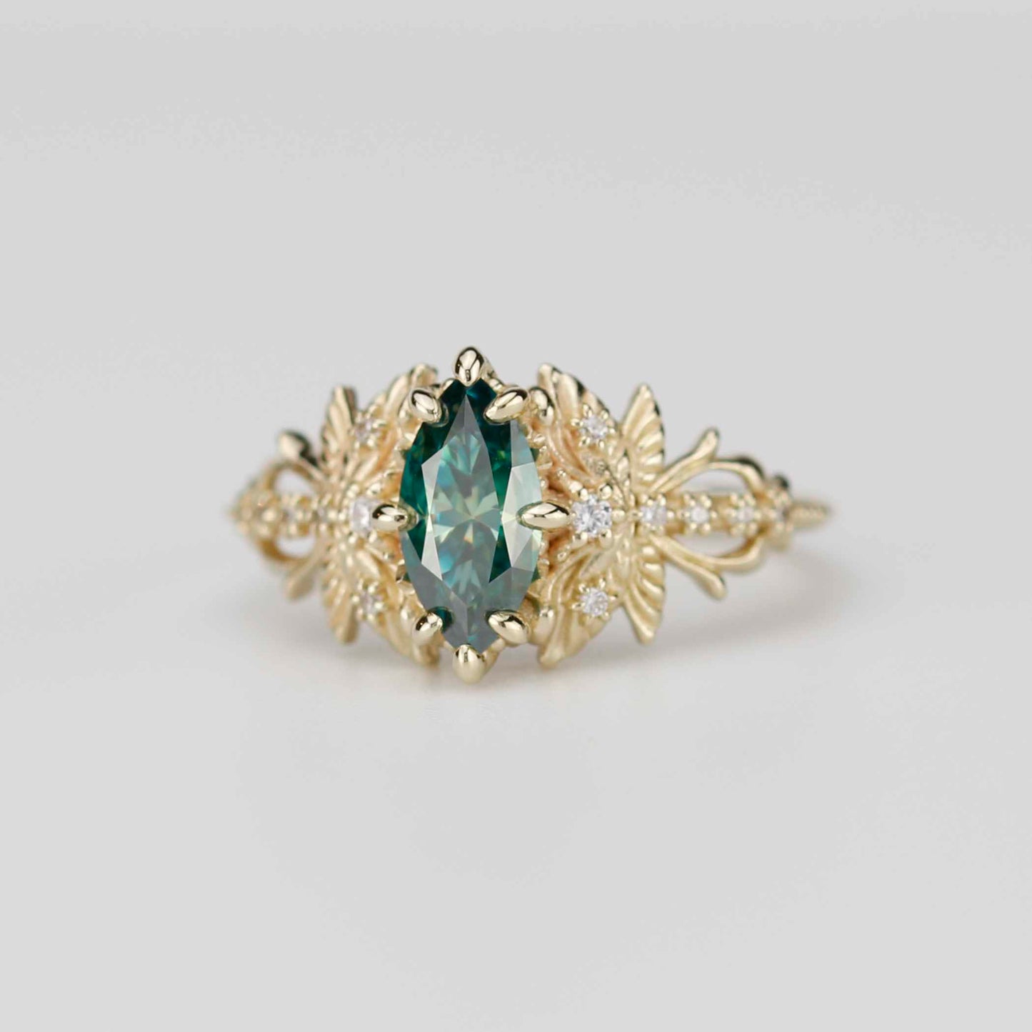 18k Gold Dragonfly Engagement Ring with 10x5mm Forest Green Moissanite and Natural Diamonds