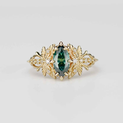 18k Gold Dragonfly Engagement Ring with 10x5mm Forest Green Moissanite and Natural Diamonds