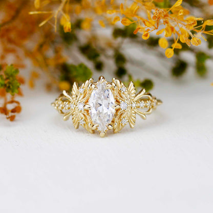 Dragonfly 18k Gold Engagement Ring, Certified 10x5mm Marquise Moissanit