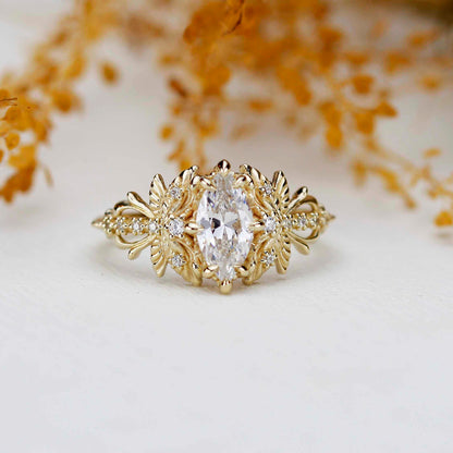 Dragonfly 18k Gold Engagement Ring, Certified 10x5mm Marquise Moissanit