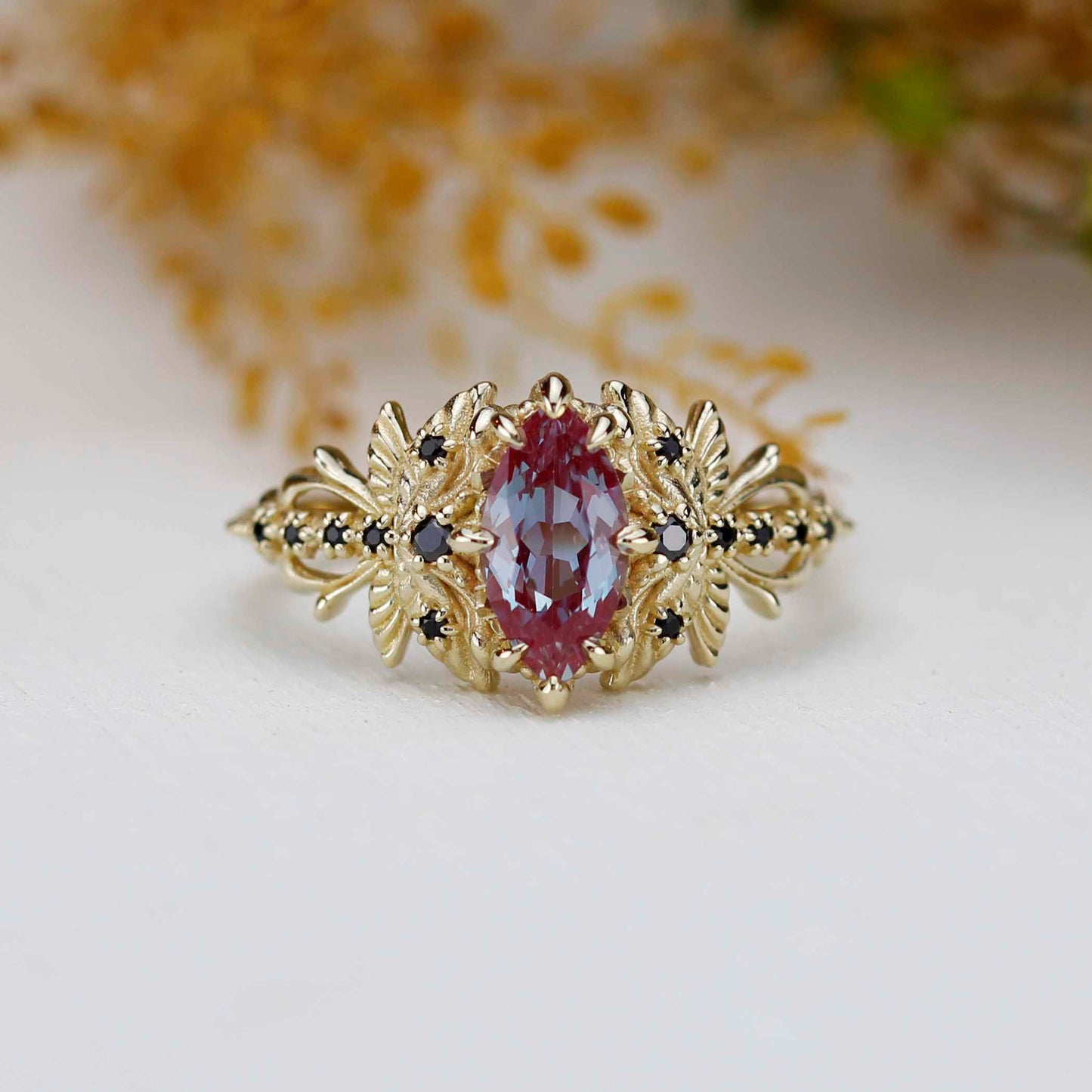 18k Gold Dragonfly Alexandrite & Black Diamond Ring – Nature Inspired