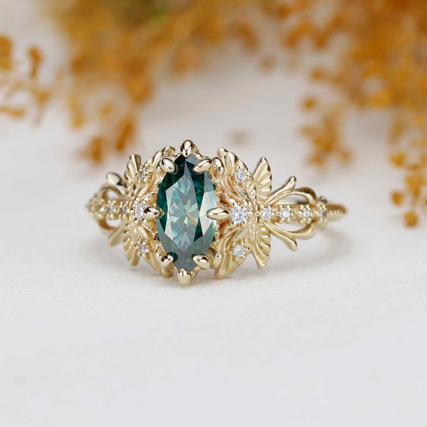 18k Gold Dragonfly Engagement Ring with 10x5mm Forest Green Moissanite and Natural Diamonds
