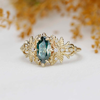 18k Gold Dragonfly Engagement Ring with 10x5mm Forest Green Moissanite and Natural Diamonds