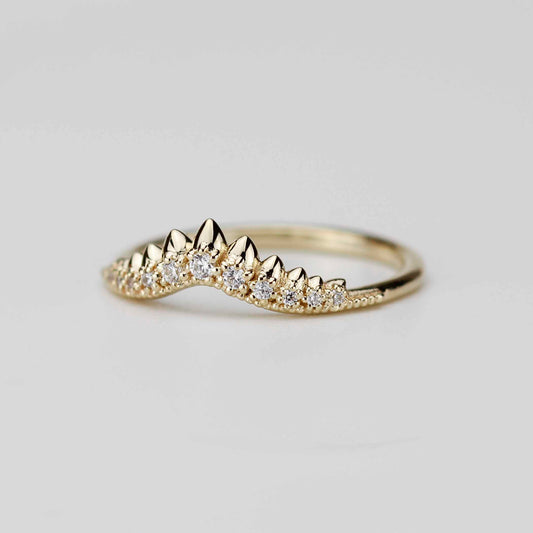18k Gold Tiara Diamond Wedding Band | Curved Crown Nesting Ring