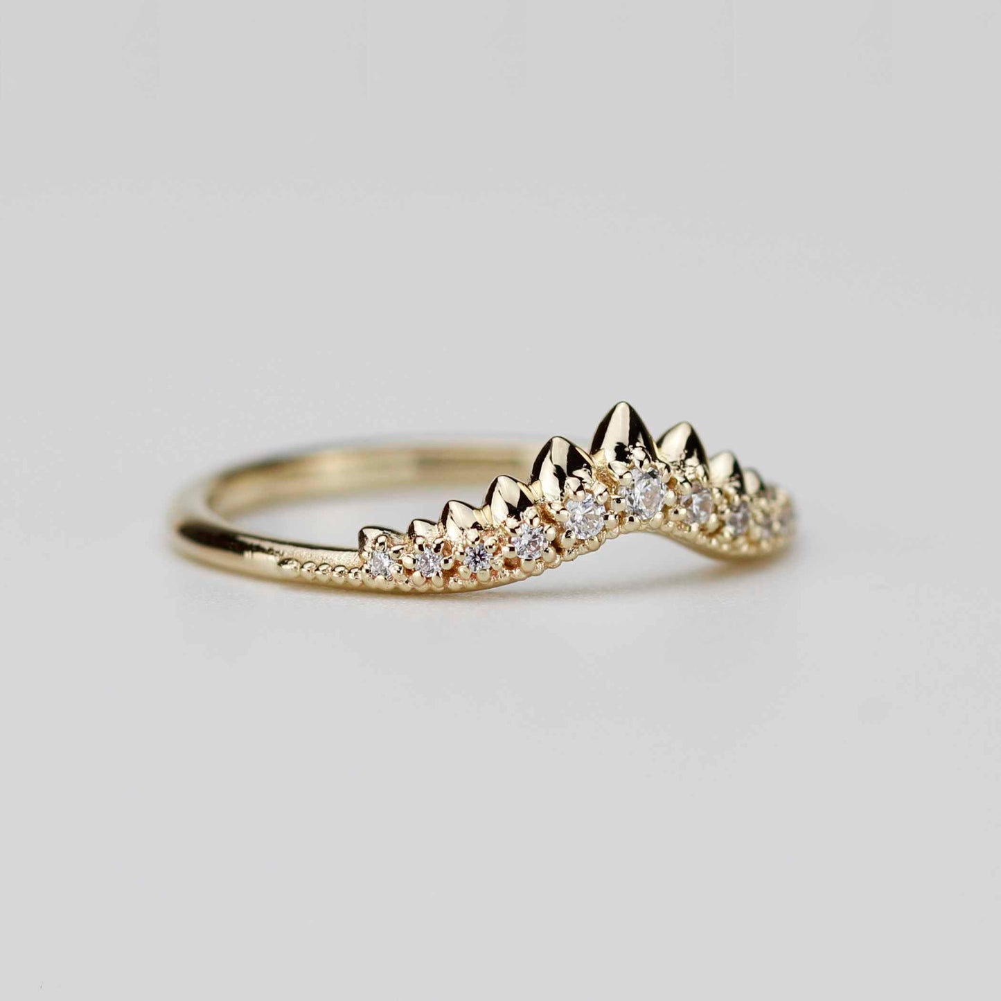 18k Gold Tiara Diamond Wedding Band | Curved Crown Nesting Ring