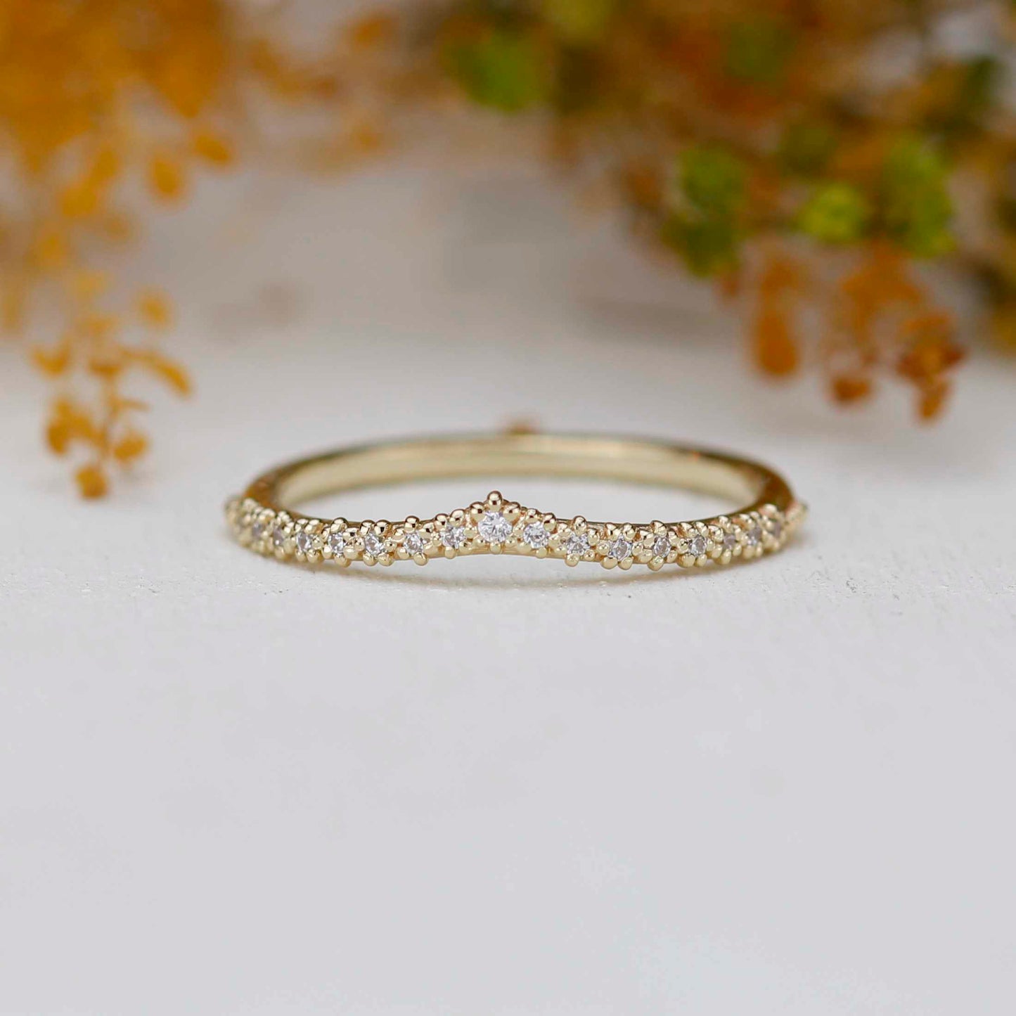 18k Gold Diamond Tiara Chevron Wedding Band | Beaded Crown Ring