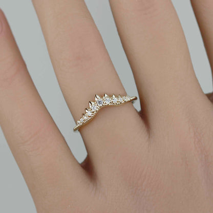 18k Gold Tiara Diamond Wedding Band | Curved Crown Nesting Ring