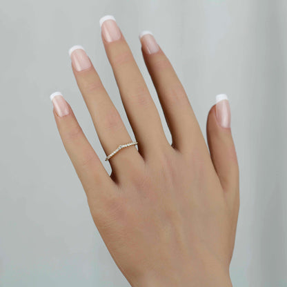 18k Gold Diamond Tiara Chevron Wedding Band | Beaded Crown Ring