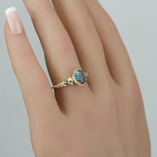 Anthea 18k Gold Ring with Natural Labradorite and Black Diamonds