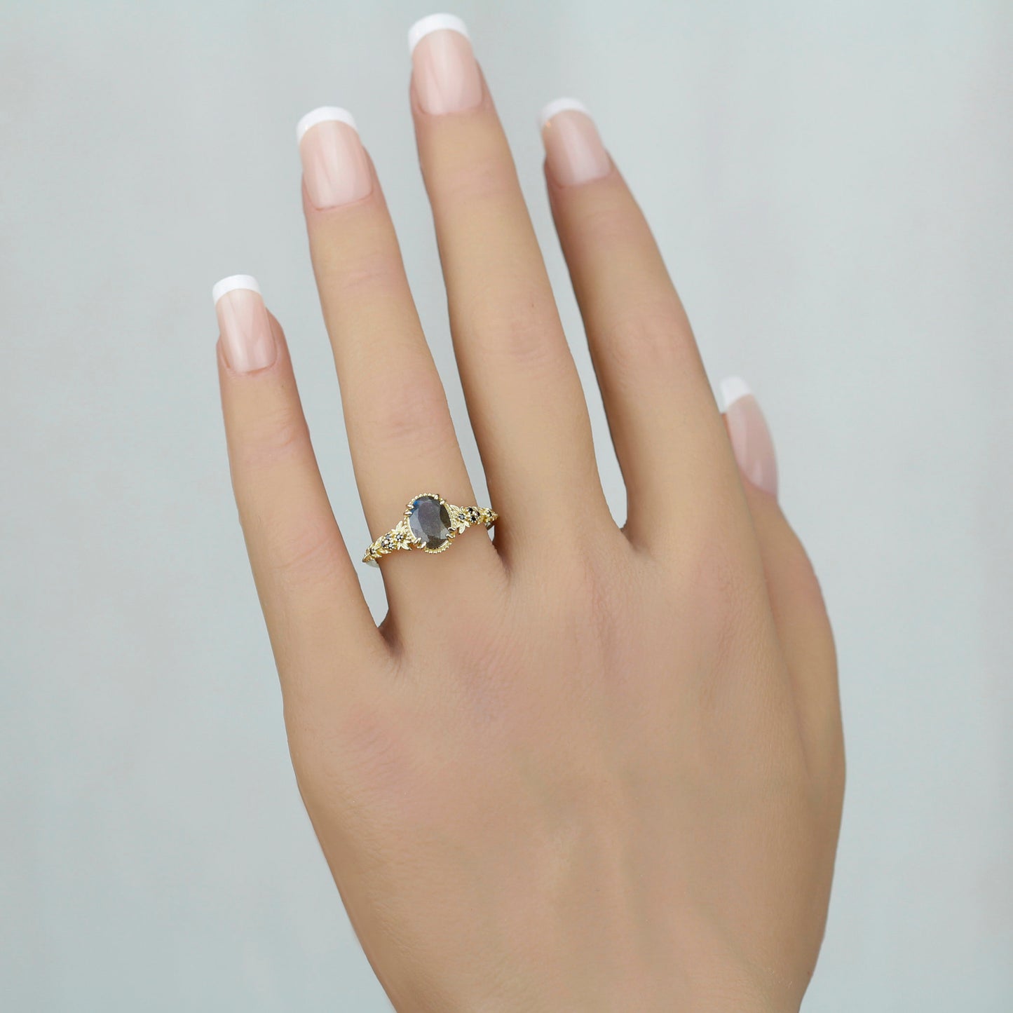 Anthea 18k Gold Ring with Natural Labradorite and Black Diamonds