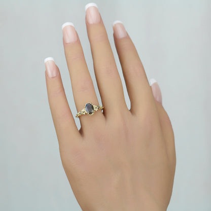 Anthea 18k Gold Ring with Natural Labradorite and Black Diamonds