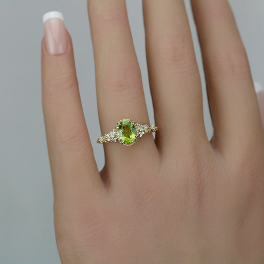 Anthea Peridot Ring - 18k Yellow Gold Floral Diamond Engagement Ring