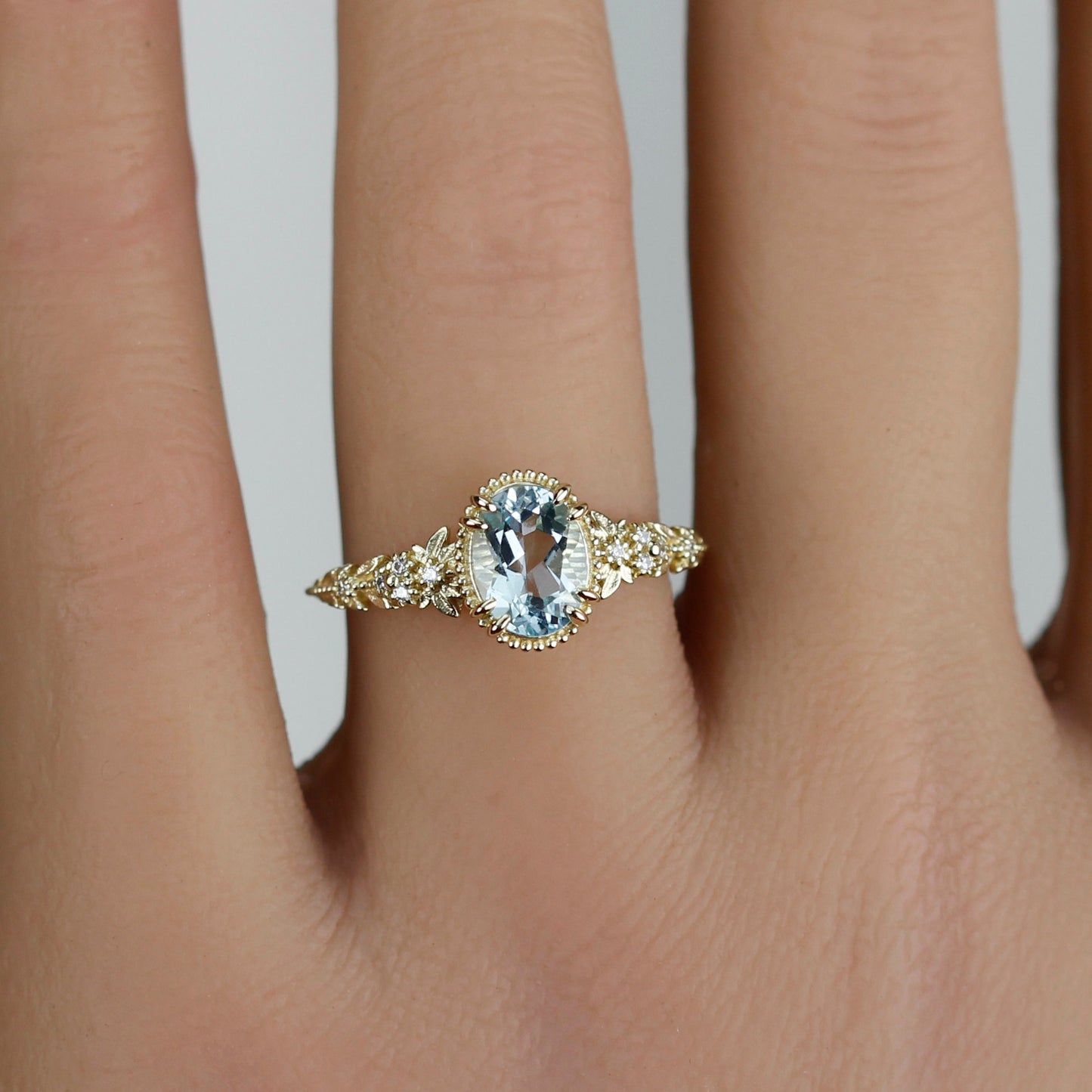 Anthea - 18k Gold Oval Aquamarine Engagement Ring with Diamond Floral Band