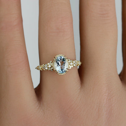 Anthea - 18k Gold Oval Aquamarine Engagement Ring with Diamond Floral Band
