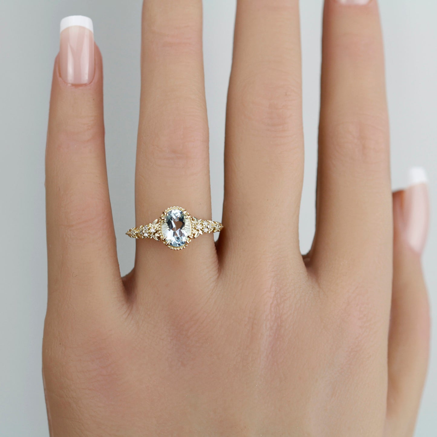 Anthea - 18k Gold Oval Aquamarine Engagement Ring with Diamond Floral Band