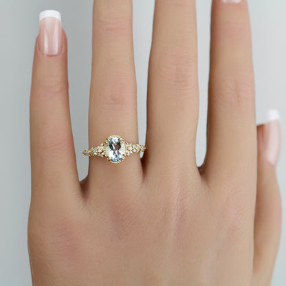 Anthea - 18k Gold Oval Aquamarine Engagement Ring with Diamond Floral Band