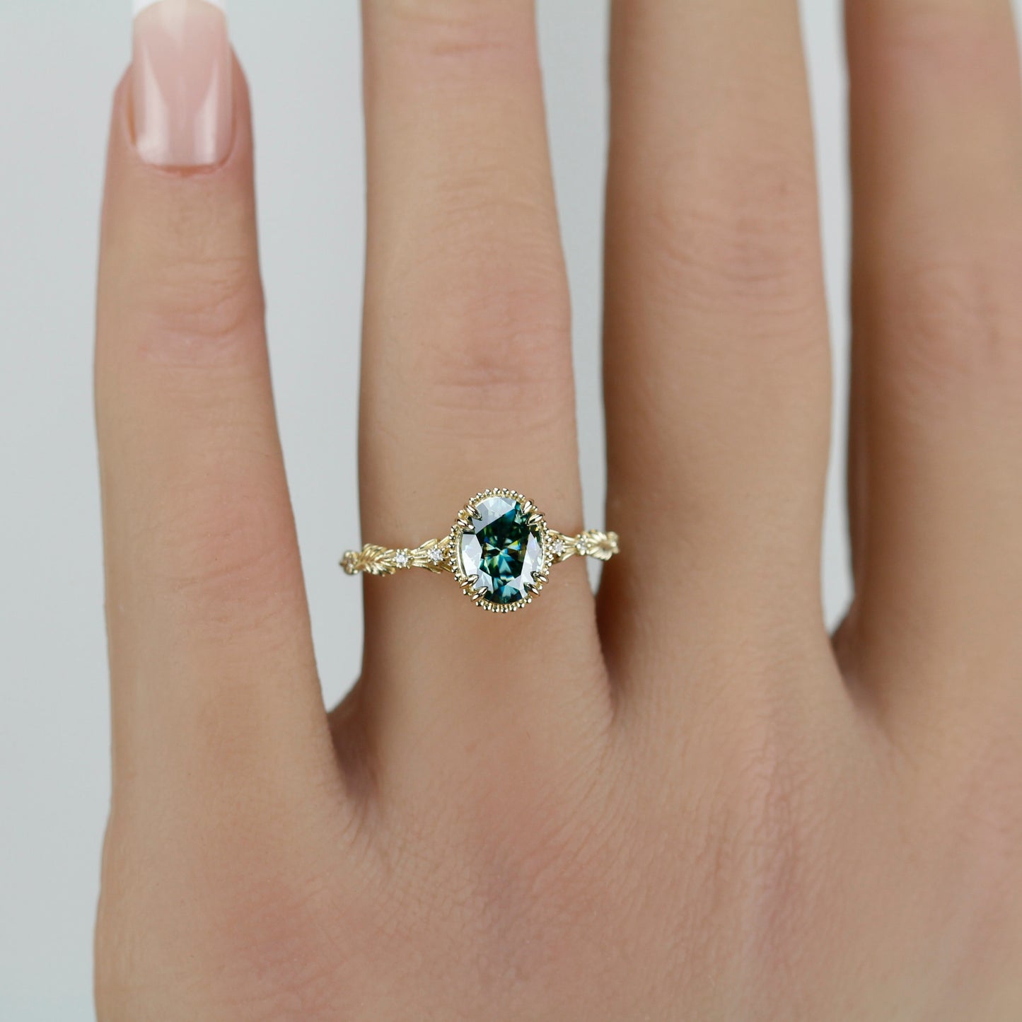 Rosmaris Vintage Green Moissanite Engagement Ring, Botanical Leaf Diamond Ring