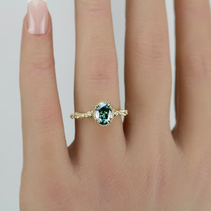 Rosmaris Vintage Green Moissanite Engagement Ring, Botanical Leaf Diamond Ring
