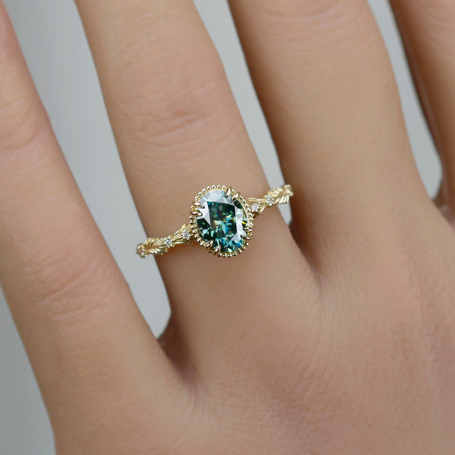 Rosmaris Vintage Green Moissanite Engagement Ring, Botanical Leaf Diamond Ring