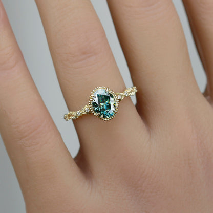 Rosmaris Vintage Green Moissanite Engagement Ring, Botanical Leaf Diamond Ring