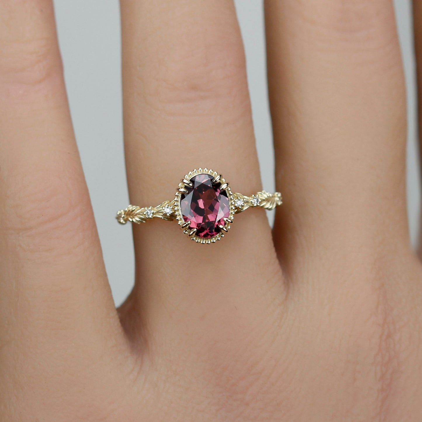 Rosmaris Rhodolite Garnet Vintage Engagement Ring, Botanical Diamond Ring