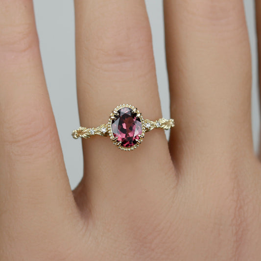 Rosmaris Rhodolite Garnet Vintage Engagement Ring, Botanical Diamond Ring