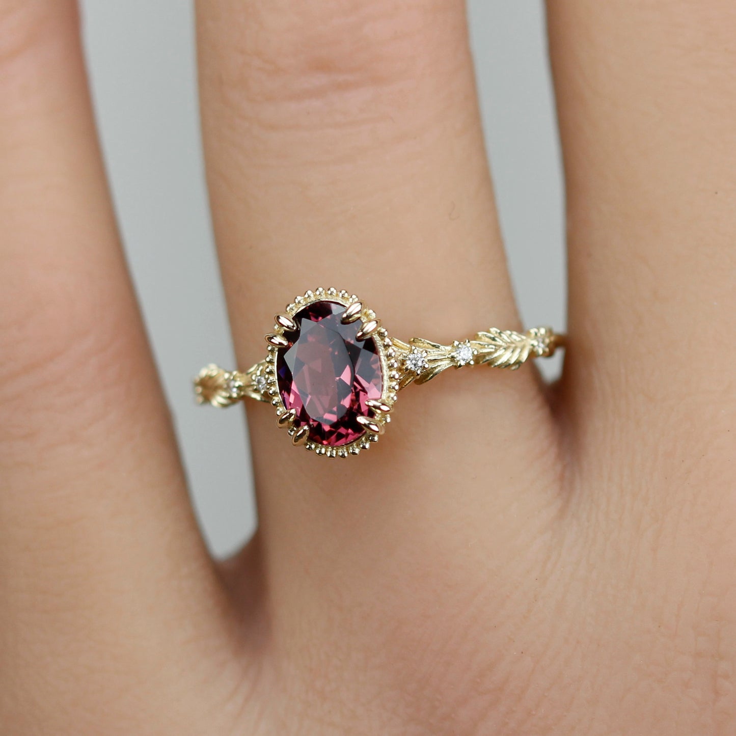 Rosmaris Rhodolite Garnet Vintage Engagement Ring, Botanical Diamond Ring
