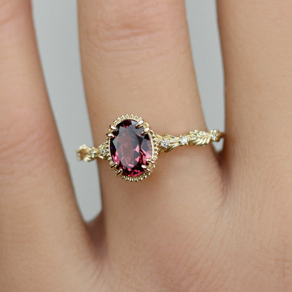 Rosmaris Rhodolite Garnet Vintage Engagement Ring, Botanical Diamond Ring
