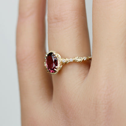 Rosmaris Rhodolite Garnet Vintage Engagement Ring, Botanical Diamond Ring