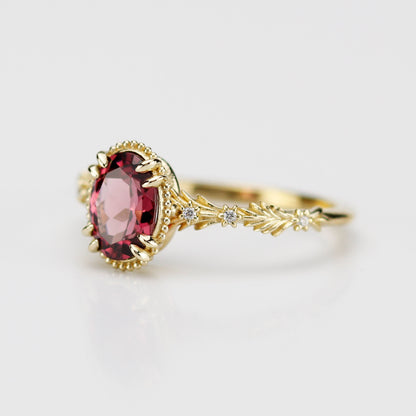 Rosmaris Rhodolite Garnet Vintage Engagement Ring, Botanical Diamond Ring