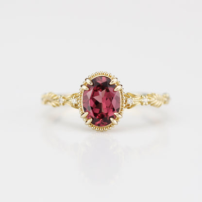 Rosmaris Rhodolite Garnet Vintage Engagement Ring, Botanical Diamond Ring