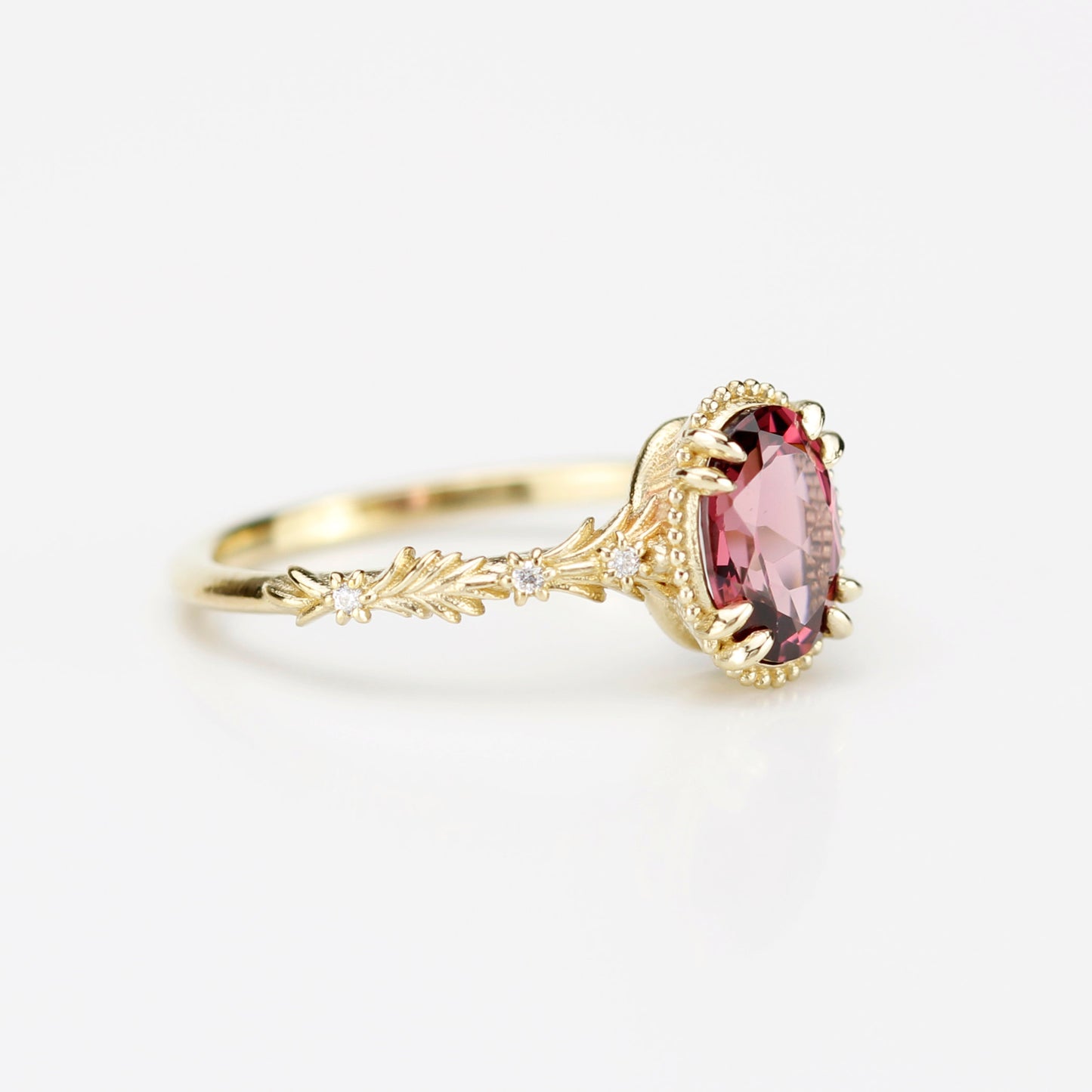 Rosmaris Rhodolite Garnet Vintage Engagement Ring, Botanical Diamond Ring