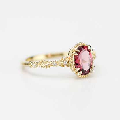 Rosmaris Rhodolite Garnet Vintage Engagement Ring, Botanical Diamond Ring