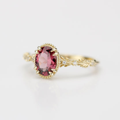 Rosmaris Rhodolite Garnet Vintage Engagement Ring, Botanical Diamond Ring