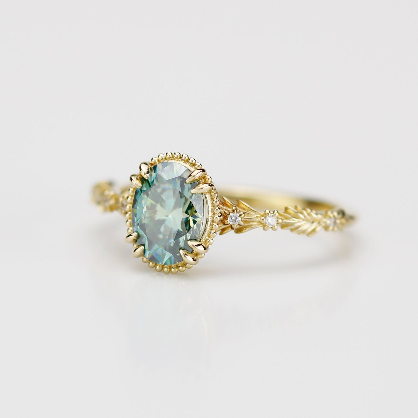Rosmaris Vintage Green Moissanite Engagement Ring, Botanical Leaf Diamond Ring