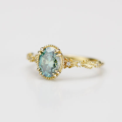 Rosmaris Vintage Green Moissanite Engagement Ring, Botanical Leaf Diamond Ring