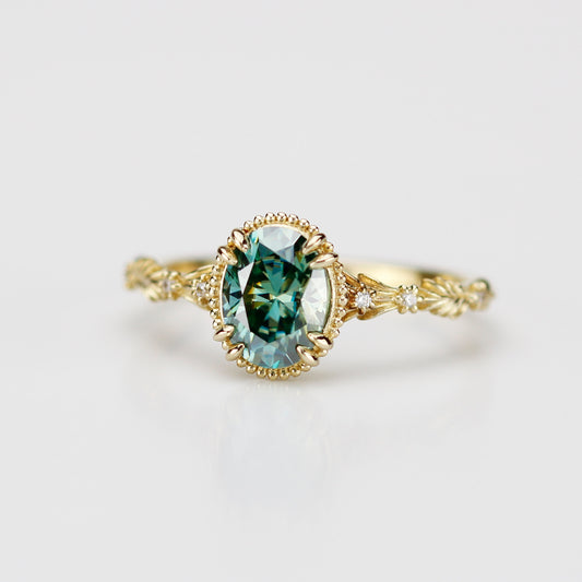 Rosmaris Vintage Green Moissanite Engagement Ring, Botanical Leaf Diamond Ring