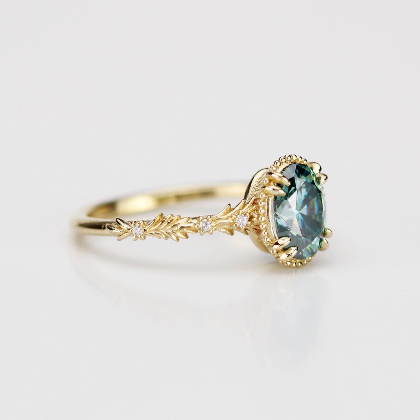 Rosmaris Vintage Green Moissanite Engagement Ring, Botanical Leaf Diamond Ring