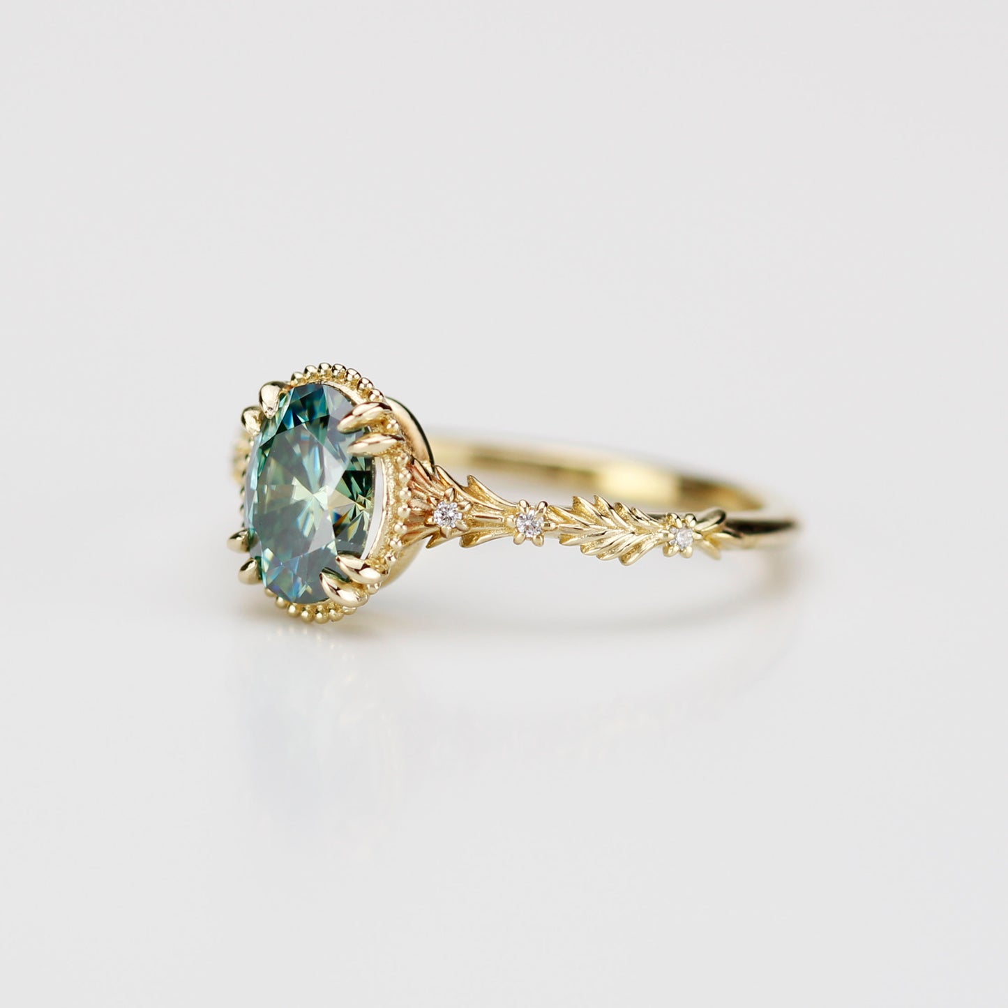 Rosmaris Vintage Green Moissanite Engagement Ring, Botanical Leaf Diamond Ring