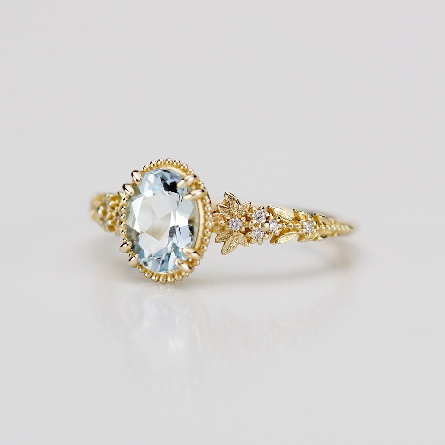 Anthea - 18k Gold Oval Aquamarine Engagement Ring with Diamond Floral Band